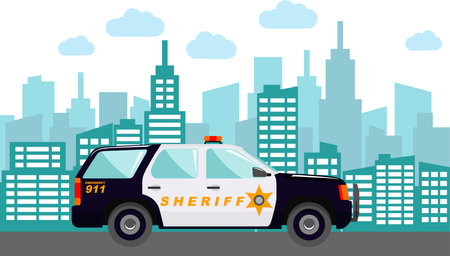 Police Car on Modern Cityscape Background in Flat Style.のイラスト素材