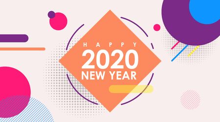Modern Flat Banner of Happy New Year 2020 in Memphis Design