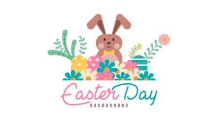 Flat happy easter day background illustration. Flat rabbit and eggs easter illustrationのイラスト素材