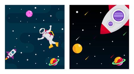 Flat outer space background illustration vector. Outer space illustration in pack. Outer space with spaceman and spacecraftのイラスト素材