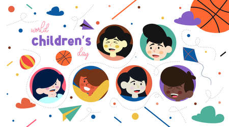 World children's day illustration with happy children's cartoon charactersのイラスト素材