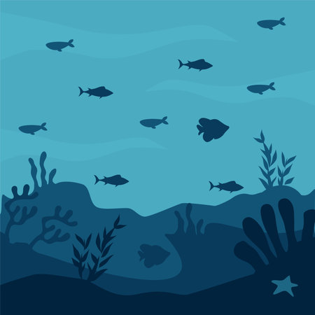 Underwater life background illustration with cute diver characterのイラスト素材