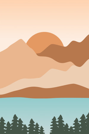 Printable Abstract Landscape Wall Decoration Poster. Mountains Trees Printable Wall Art. Mid Century Modern Decor. Printable Wall Art Sun Terracotta Wall Artのイラスト素材