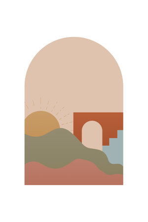 Abstract Minimalist Boho Mountain Background. Abstract Landscape Art Poster. Mid Century Background Illustrationのイラスト素材