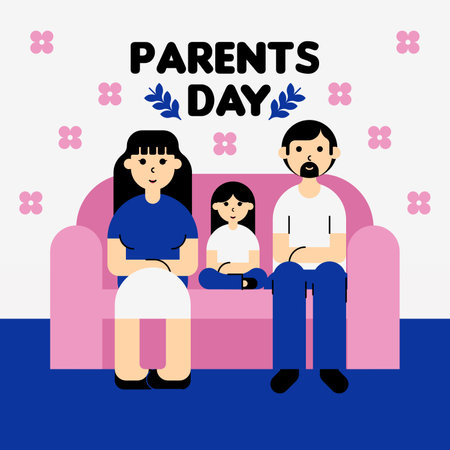 Happy Parent's Day Illustration Background. Parent's Day Illustration with a Family Sitting Together on The Sofaのイラスト素材