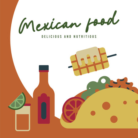 Mexican food background. Flat mexican food illustration background with food iconsのイラスト素材
