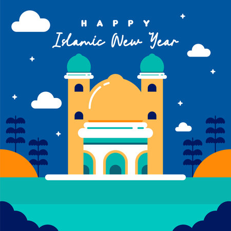 Islamic new year illustration background. Flat greeting cards collection for islamic new year celebrationのイラスト素材