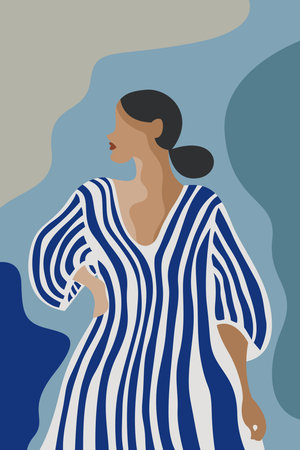 Contemporary Striped Printable Art. Abstract Woman Decor. Minimalist Portrait Illustration Backgroundのイラスト素材