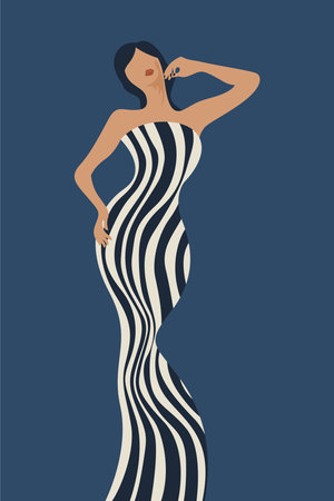 Contemporary Striped Printable Art. Abstract Woman Decor. Minimalist Portrait Illustration Backgroundのイラスト素材