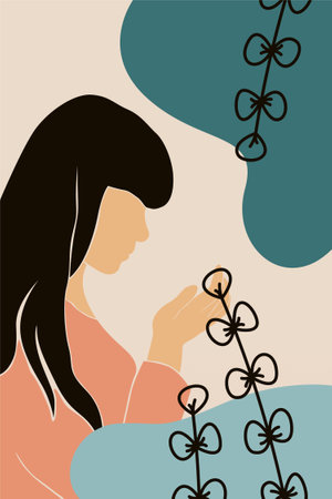 Abstract boho botany background with a girl illustration. Abstract boho art backgroundのイラスト素材