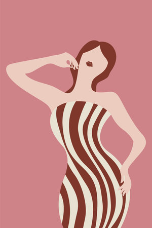 Abstract Woman Art Decor Poster. Minimalist Portrait Illustration Background. Contemporary Striped Printable Artのイラスト素材