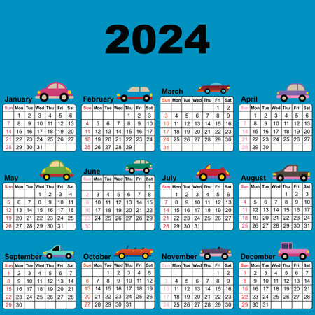Flat car vehicle printable calendar. Colorful autocar printable calendar. Printable calendar with colorful carのイラスト素材