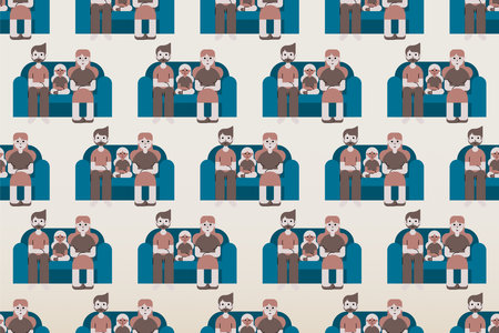 Colorful seamless pattern background with family illustration. Family at living room illustration backgroundのイラスト素材