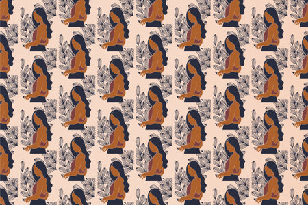Floral girl seamless pattern illustration background. Botanical seamless pattern background
