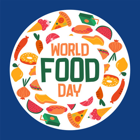 World food day illustration background. Food day illustration with food iconsのイラスト素材