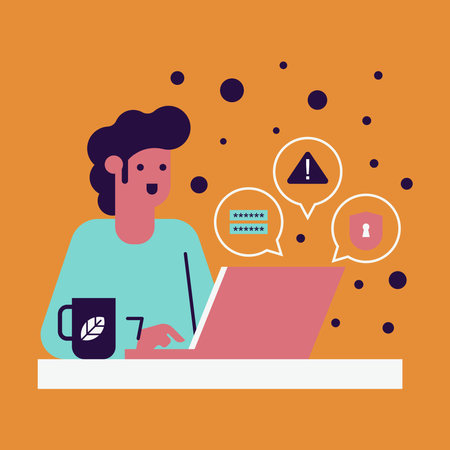 Flat cybersecurity background illustration. Man cyber security guard working at his computer desk. Secure data concept illustrationのイラスト素材