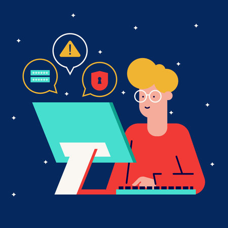 Flat cybersecurity background illustration. Man cyber security guard working at his computer desk. Secure data concept illustrationのイラスト素材