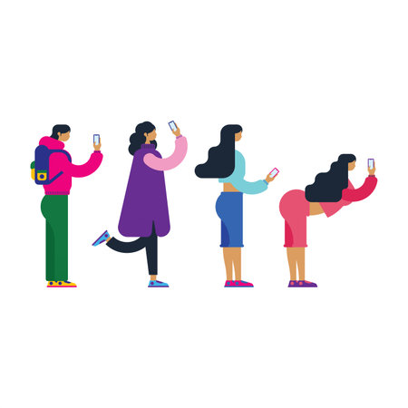 Illustration of young people holding smartphones. Young people are taking selfies with their...