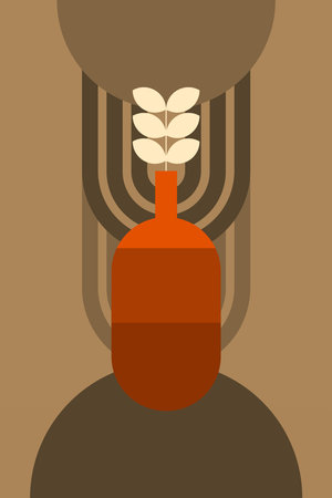 Flat bohemian vase plant boho wall art background. Boho jar plant earthtone color wall art decorationのイラスト素材