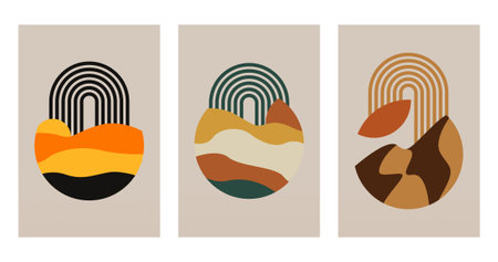 Abstract boho landscape wall art decor illustration. Boho rainbow abstract wall art backgroundのイラスト素材