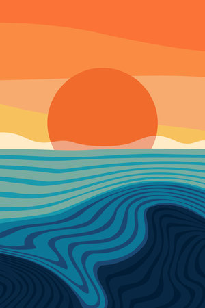 Flat abstract boho landscape wall art illustration background. Minimalistic aesthetic landscape boho illustrationのイラスト素材