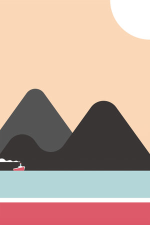Flat outdoor boho landscape wall art illustration background. Minimalistic aesthetic landscape boho illustrationのイラスト素材