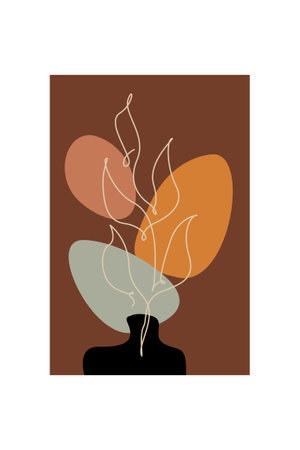 Modern boho floral illustration featuring hand-drawn line art flowers over abstract organic shapesのイラスト素材