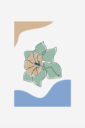 Modern boho floral illustration featuring hand-drawn line art flowers over abstract organic shapesのイラスト素材