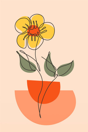 Modern boho floral illustration featuring hand-drawn line art flowers over abstract organic shapesのイラスト素材
