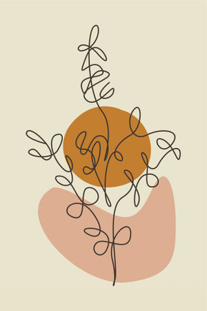 Modern boho floral illustration featuring hand-drawn line art flowers over abstract organic shapesのイラスト素材