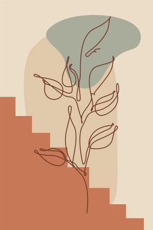 Modern boho floral illustration featuring hand-drawn line art flowers over abstract organic shapesのイラスト素材