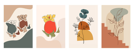 Modern boho floral illustration featuring hand-drawn line art flowers over abstract organic shapesのイラスト素材