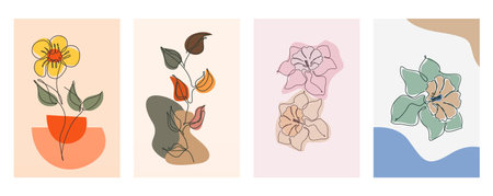 Modern boho floral illustration featuring hand-drawn line art flowers over abstract organic shapesのイラスト素材