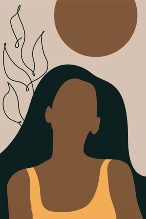 Bohemian Girl with Abstract Botanical Line Art and Sunのイラスト素材
