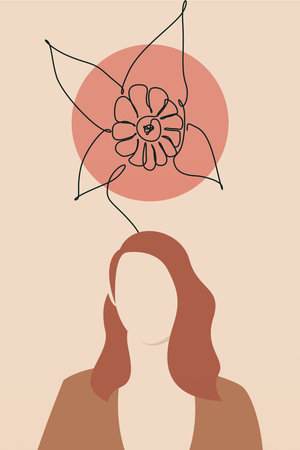 Bohemian Girl with Abstract Botanical Line Art and Sunのイラスト素材