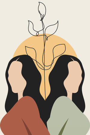 Bohemian Girl with Abstract Botanical Line Art and Sunのイラスト素材