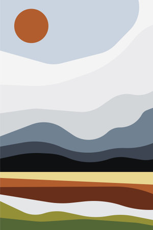 Modern abstract scenery with wavy layers, minimalist color-block landscape art. Minimalist Abstract Sunset Layered Landscapeのイラスト素材