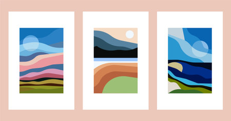 Modern abstract scenery with wavy layers, minimalist color-block landscape art. Minimalist Abstract Sunset Layered Landscapeのイラスト素材