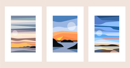 Modern abstract scenery with wavy layers, minimalist color-block landscape art. Minimalist Abstract Sunset Layered Landscapeのイラスト素材