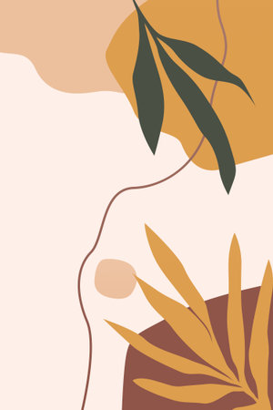 Boho Earth Tone Nature Wall Art. Minimalist boho wall art with leaves, hills, and earthy tones.のイラスト素材