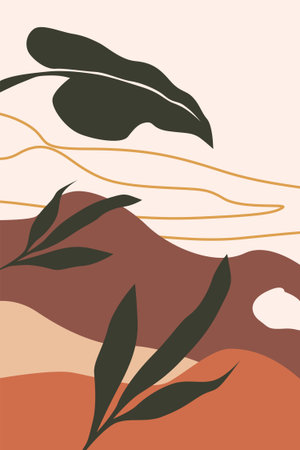 Boho Earth Tone Nature Wall Art. Minimalist boho wall art with leaves, hills, and earthy tones.のイラスト素材