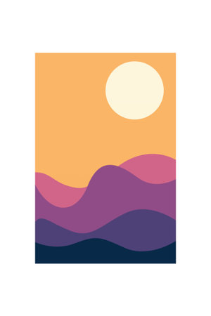 Minimalist sunset sandscape mountain wall art. Flat minimalist mountain art with sunset, ocean, soft earthy color schemeのイラスト素材