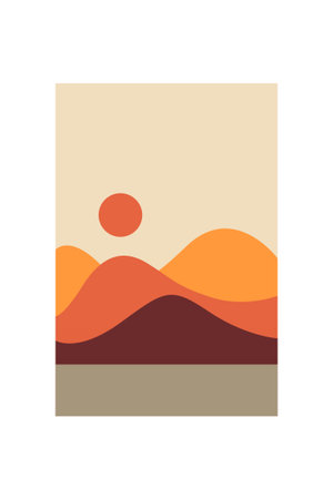 Minimalist sunset sandscape mountain wall art. Flat minimalist mountain art with sunset, ocean, soft earthy color schemeのイラスト素材