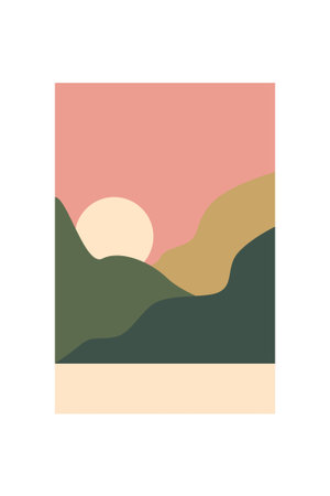Minimalist sunset sandscape mountain wall art. Flat minimalist mountain art with sunset, ocean, soft earthy color schemeのイラスト素材