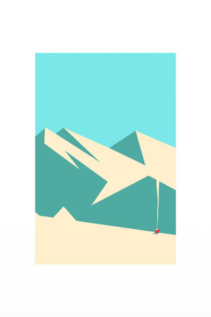 Muted Minimalist Mountain Landscape Poster. Stylish minimalist mountain view with trees, muted winter tones, serene atmosphere.のイラスト素材