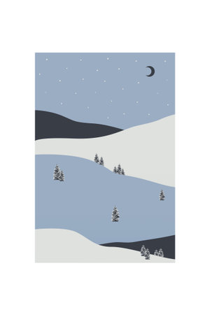 Muted Minimalist Mountain Landscape Poster. Stylish minimalist mountain view with trees, muted winter tones, serene atmosphere.のイラスト素材