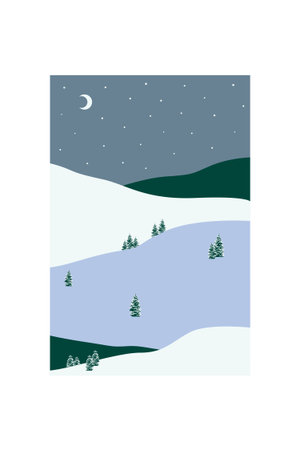 Muted Minimalist Mountain Landscape Poster. Stylish minimalist mountain view with trees, muted winter tones, serene atmosphere.のイラスト素材