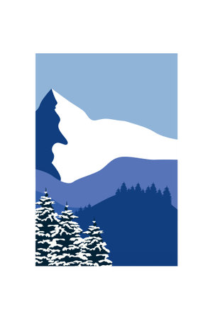 Muted Minimalist Mountain Landscape Poster. Stylish minimalist mountain view with trees, muted winter tones, serene atmosphere.のイラスト素材