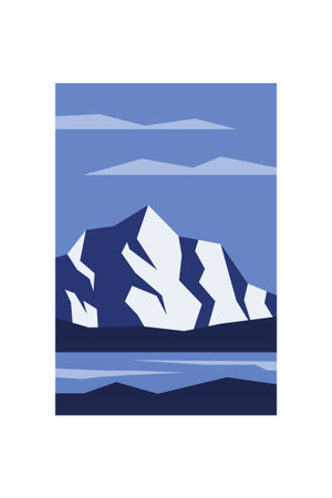 Muted Minimalist Mountain Landscape Poster. Stylish minimalist mountain view with trees, muted winter tones, serene atmosphere.のイラスト素材