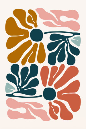 Minimalist flower illustration with bold colors and organic shapes. Minimalist boho abstract floral illustration in retro mid century styleのイラスト素材